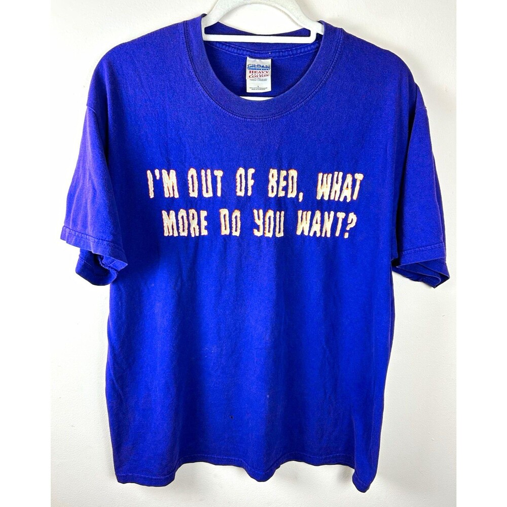 VTG Gildan Heavy Cotton Purple Grumpy Quote Tee L Y2K Quirky Grunge Out Of Bed